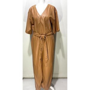 H halston faux leather romper pants wide fall brown mab wife night out women's S